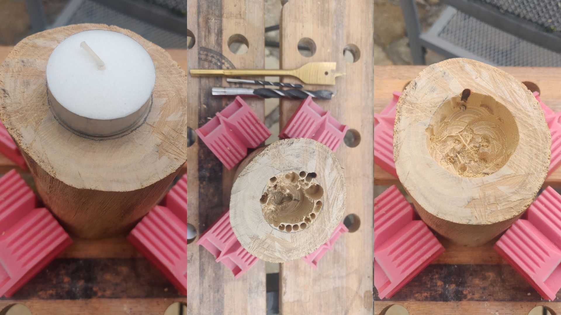 The three stages of milling out the candle: In the first stage, the tea-light sits upon the candle and a pencil marking surrounds the tea-light. In the second stage, many drill-bits lie next to a messy-looking piece. There are holes  everywhere. In the third stage, the hole has been neatened and the piece looks much cleaner. 